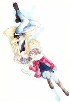 an illustration of two people falling down from the sky