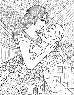 a woman holding a baby in her arms coloring page for adults and children stock photo