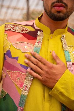 Multi colored bundi with abstract floral prints highlighted with beads, sequins and stone work embroidery. Comes with neonish yellow kurta and pant. - Aza Fashions Traditional Wear For Men Indian, Stylish Indian Outfits, Stone Work Embroidery, Kurta Designs Men's, Stylish Boy Clothes, Co Ords Outfits, Yellow Kurta