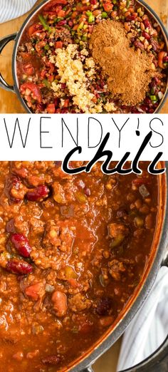 two pictures with the words wendy's chili and an image of beans in a pot