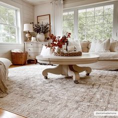 a living room filled with furniture and lots of windows