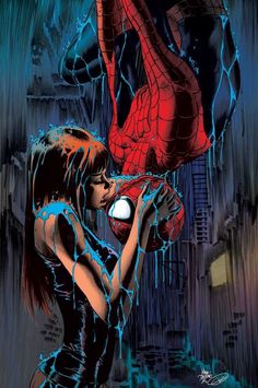 spider - man and woman in the rain, one is holding a light up ball