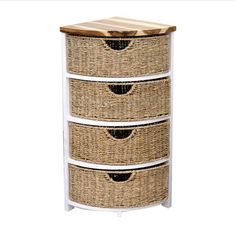 three drawers with wicker baskets on the bottom and one drawer closed up in front