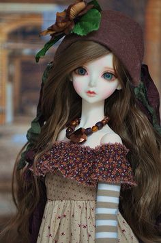 a doll with long hair wearing a dress and hat