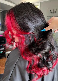 Red Velvet Peek-A-Boo Highlights Red Money Piece Hair Black Hair, Perk A Boo Hair Color, Peak A Boo Hair, Peek A Boo Hair, Highlights Styles, Base Hair Color, Red Peekaboo, Highlights Red, Peekaboo Color