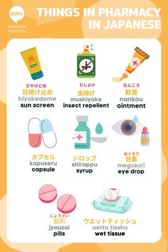 an info sheet with different types of items in japanese language and english words on it