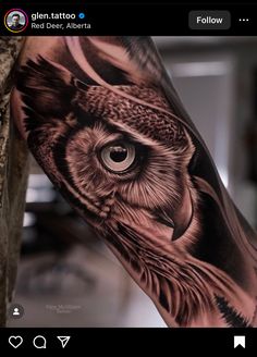 an owl tattoo is shown on the arm