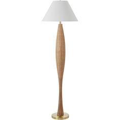 a wooden lamp with a white shade on it