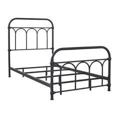 a black metal bed frame with an arched headboard and foot board is shown in front of a white background