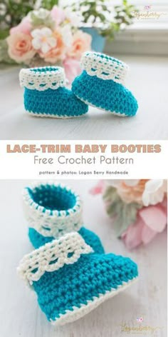 crocheted baby booties with lace trims are shown in blue and white