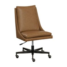 a brown leather office chair with wheels and casteors