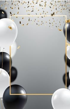 black and white balloons with gold foil confetti around them on a gray background