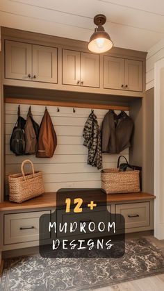 a mudroom with several coats and bags hanging on the wall next to an entry way