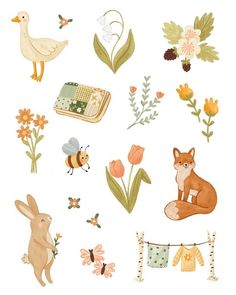 an illustration of animals and flowers on a white background