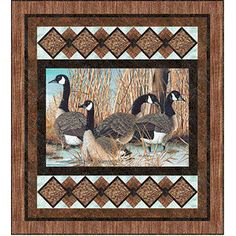 three geese are standing in the water by some reeds and grass, with a brown border