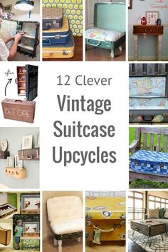 vintage suitcases are upcycled and displayed in this collage