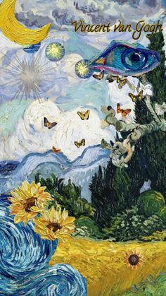 an artistic painting with sunflowers and clouds