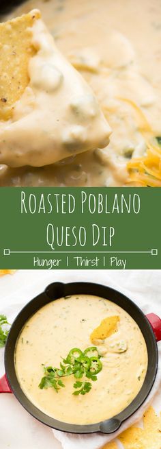 roasted poblano queso dip in a skillet with tortilla chips