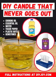 an advertisement for diy candle that never goes out, with instructions on how to use it