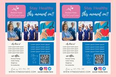 two medical flyers with images of doctors and nurses in blue scrubs on pink background