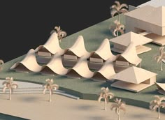 an architectural model of a building with palm trees