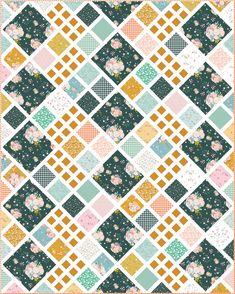 an image of a quilt pattern with flowers on the front and side, in shades of green