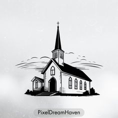 a black and white drawing of a church with the words pixeldream haven on it