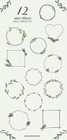 the hand drawn frames and wreaths are all in different shapes, sizes and colors