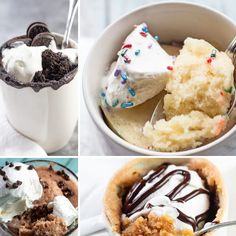 four different desserts in bowls with spoons and forks on the top one is filled with ice cream, the other has chocolate