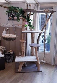 a cat tree in a living room next to a chair and table with plants on it