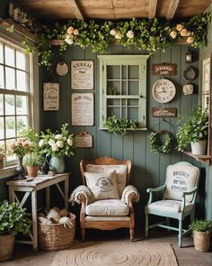 a room filled with lots of green plants and flowers on the wall next to a chair