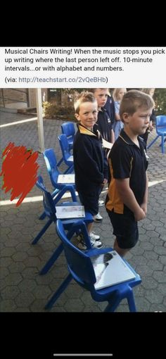 two young boys standing next to each other in front of blue chairs with the caption, musical chairs when the music stops you pick up writing where the last person left