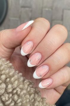 white French tips, white nail ideas, sparkle nails, winter nail ideas Nails White French