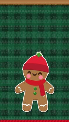 a gingerbread with a red hat and scarf on it's head is standing in front of a green plaid background