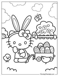 the hello kitty coloring page with an easter bunny and her eggs in front of it