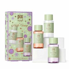 Pixi Skintreats Multi-Toning Set Milky Tonic soothes, Glow Tonic exfoliates and Retinol Tonic smooths. This kit contains Pixi's popular active tonics to customize for multi-toning or use alone. Pixie Toner, Pixie Makeup, Pixi Skintreats, Pixi Glow Tonic, Glow Tonic, Pixi Beauty, Jasmine Flower, Skincare Gift Set, Beauty Kit