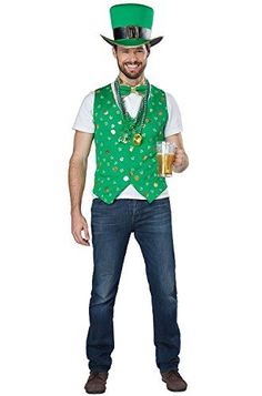 a man in a green vest and hat holding a beer