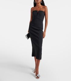 Strapless silk-blend midi dress in black - Roland Mouret | Mytheresa Fitted Midi Length Strapless Dress, Luxury Sleeveless Midi Dress For Party, Chic Strapless Silk Mini Dress, Elegant Strapless Silk Dress For Formal Occasions, Elegant Formal Strapless Silk Dress, Elegant Evening Sheath Bandage Dress, Silk Evening Dress With Structured Boning, Elegant Midi-length Strapless Party Dress, Luxury Sleeveless Midi Dress For Gala