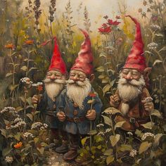 two gnomes standing in the middle of a field with wildflowers behind them