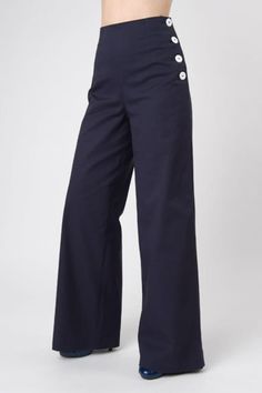 high waisted and straight fitted pants with side button – facings. Also available in Black and Red. Sailor Inspired Outfit For Women, Soft Photoshoot, Side Button Pants, Blue Sailor Dress, Mens Wide Leg Pants, 40s Mode, Fashion Library, 1940s Outfits, Hogwarts Dr