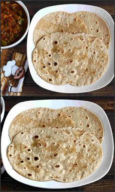 three plates filled with tortillas on top of a wooden table