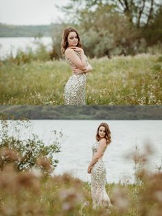 two photos of a woman in a dress posing for the camera