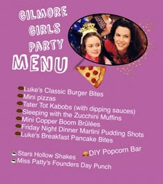 Gilmore Girls Party Menu (second option) Party Girl Quotes, Viewing Party, Girl Themes, Bday Girl, Party Menu