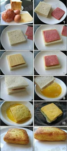 instructions for making bread sandwiches with eggs and ham on the top, in different ways