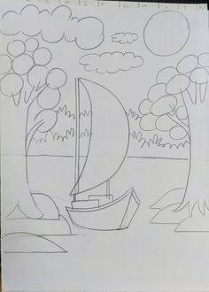 a drawing of a sailboat on the water with trees and clouds in the background