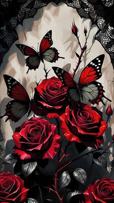 red roses and butterflies on a black background