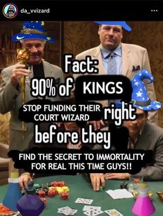 three men sitting at a table in front of a sign that says fact 90 % of kings