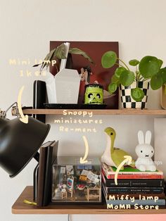 a shelf with books, plants and other items on it