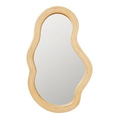 an oval wooden mirror with wavy lines on the frame and bottom edge, in light wood