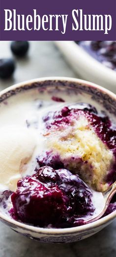 blueberry dump cake in a bowl with ice cream